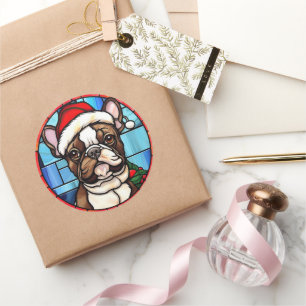 French Bulldog gesteinigtes Glass Weihnachten Runder Aufkleber