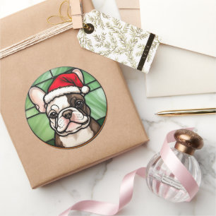 French Bulldog gesteinigtes Glass Weihnachten Runder Aufkleber