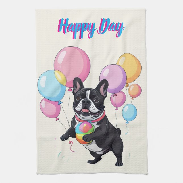 French Bulldog Happy Day Französische Bulldogge  Geschirrtuch (Vertikal)