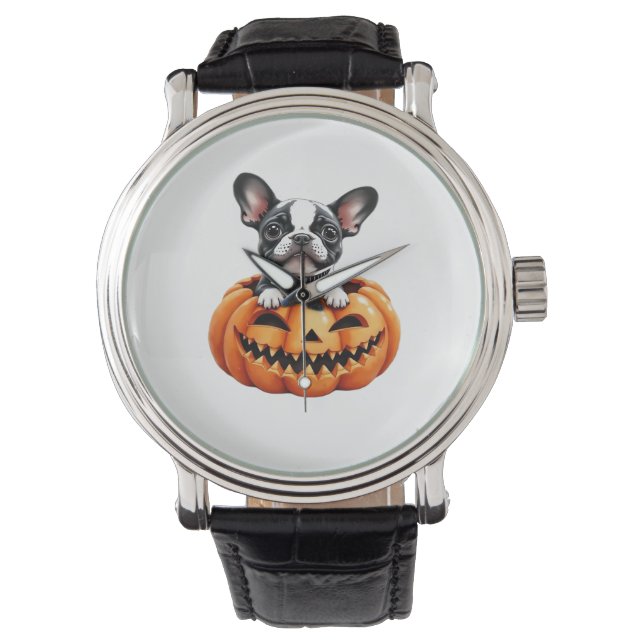 French Bulldog Happy Halloween Kürbis Classic T-S Armbanduhr (Vorderseite)