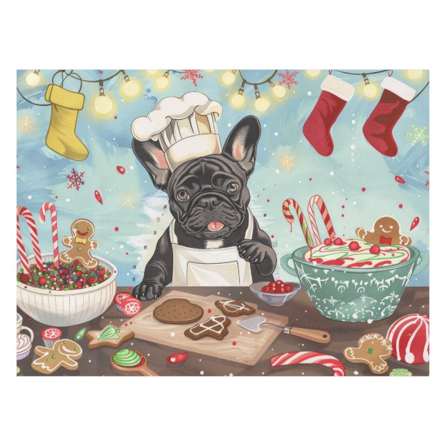 French Bulldog Holiday Baking: Festliche Weihnacht Tischdecke (Vorderseite (Horizontal))