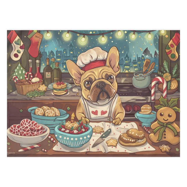 French Bulldog Holiday Baking: Festliche Weihnacht Tischdecke (Vorderseite (Horizontal))