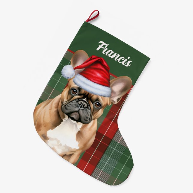 French Bulldog Holiday Plaid and Dogs Name Großer Weihnachtsstrumpf (Vorderansicht (hängend))