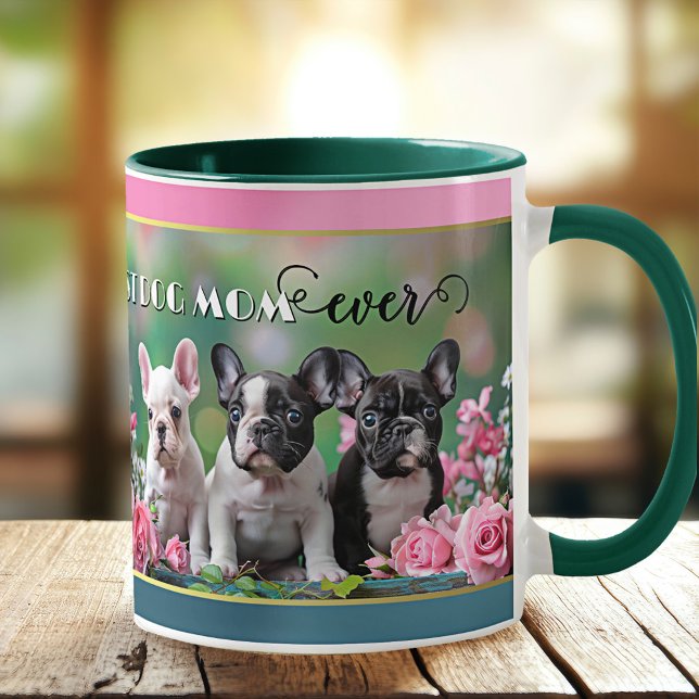 French Bulldog Hund Lover Kaffeetasse (Mug featuring a painting of 3 French Bulldogs with pink roses. A great gift for a dog mom.)
