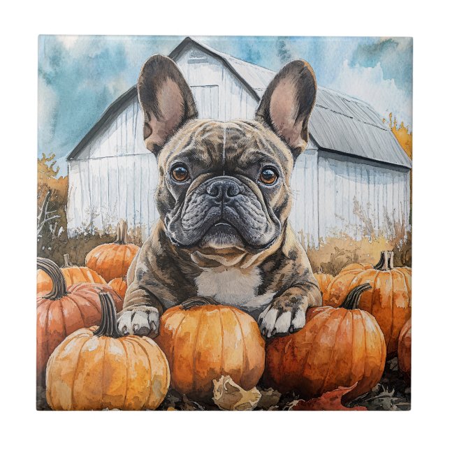 French Bulldog in Pumpkin Patch Fliese (Vorderseite)