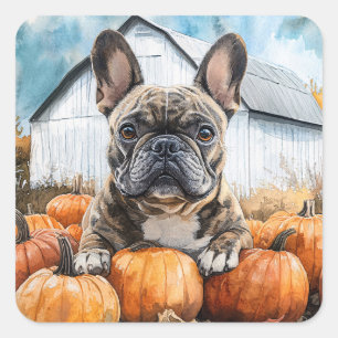 French Bulldog in Pumpkin Patch Quadratischer Aufkleber