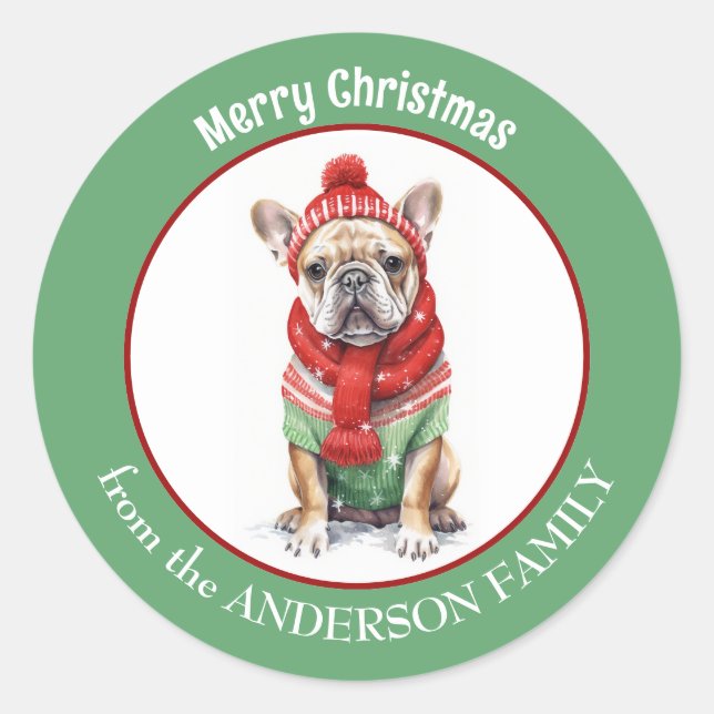 French Bulldog in Red Christmas Scarf und Hat Runder Aufkleber (Vorderseite)