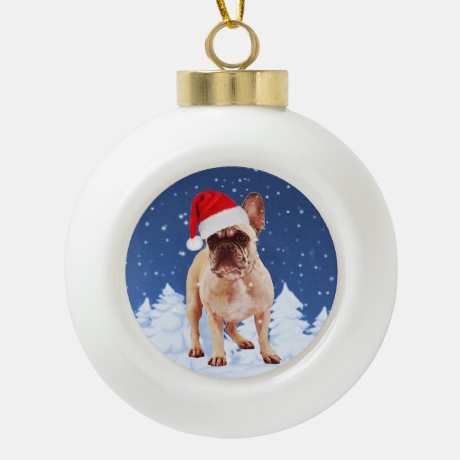 French Bulldog in Snow Christmas w Weihnachtsmannm Keramik Kugel-Ornament (Vorderseite)