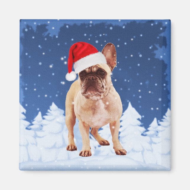 French Bulldog in Snow Christmas w Weihnachtsmannm Magnet (Vorne)