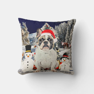 French Bulldog in Snow Christmas Weihnachtsmannmüt Kissen