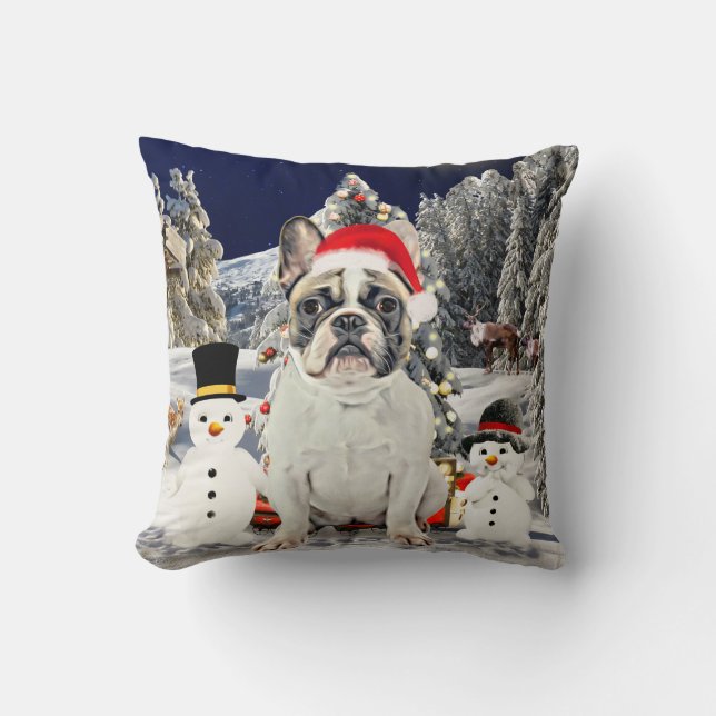 French Bulldog in Snow Christmas Weihnachtsmannmüt Kissen (Vorderseite)