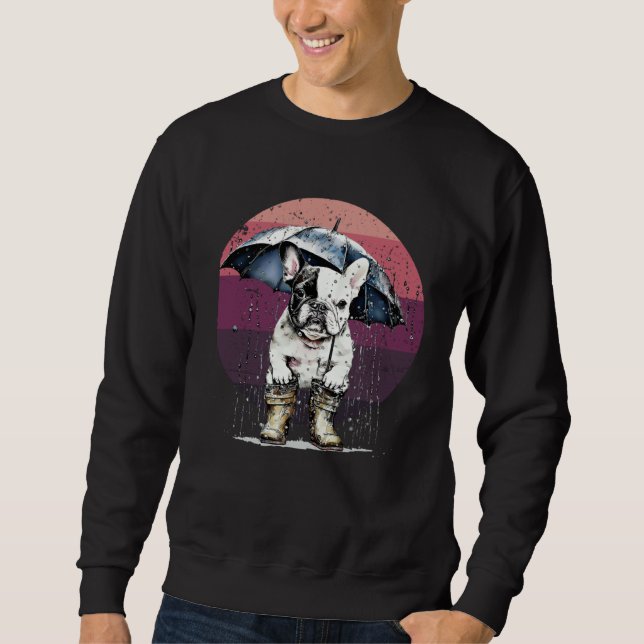 French bulldog in the rain with booties and umbrel sweatshirt (Vorderseite)
