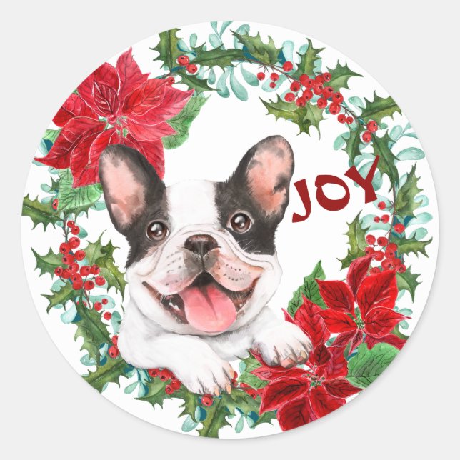 French Bulldog Joy Poinsettia Weihnachtsfeier Runder Aufkleber (Vorderseite)