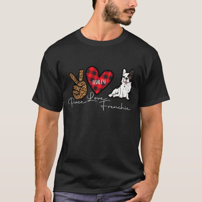 French Bulldog Kariert Peace Liebe Niedlich Dog T-Shirt (Vorderseite)