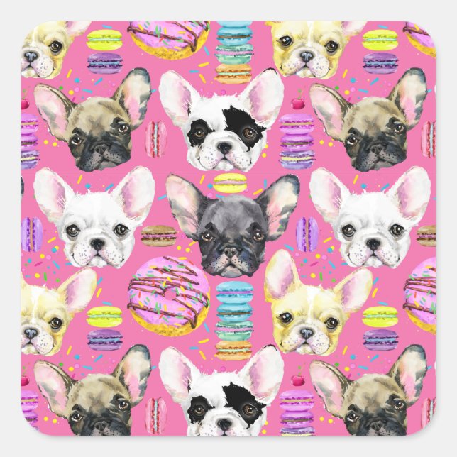 French Bulldog Macaron Pattern Quadratischer Aufkleber (Vorderseite)