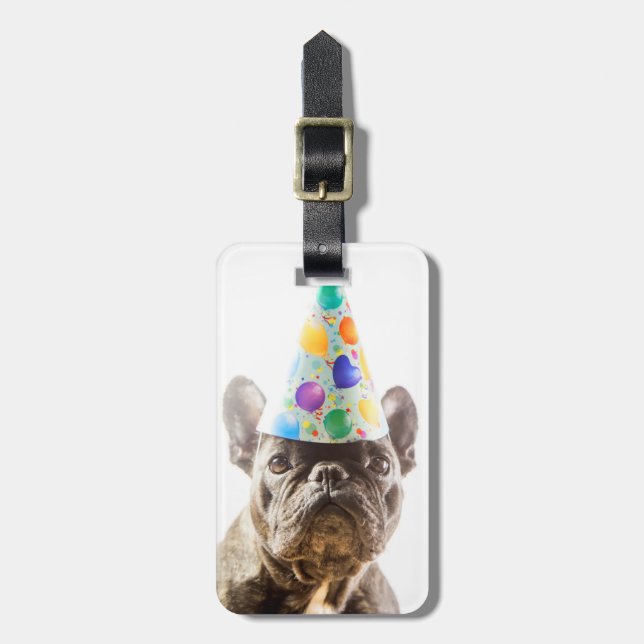 French Bulldog mit Party Hat Gepäckanhänger (Vorderseite vertikal)