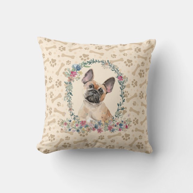 French Bulldog Paw Print & Floral Niedlich Kissen (Vorderseite)