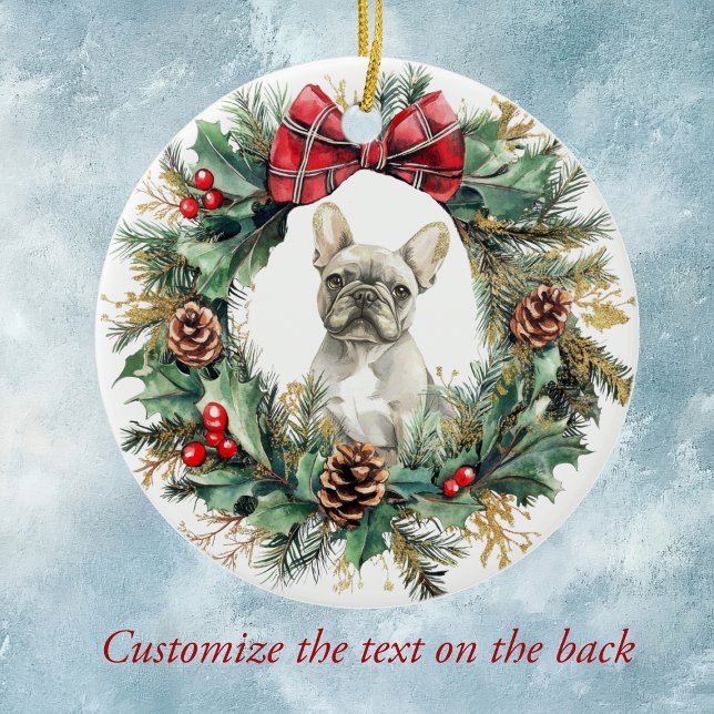 French Bulldog Pine Cone Bow Wreath Keramik Ornament (Von Creator hochgeladen)