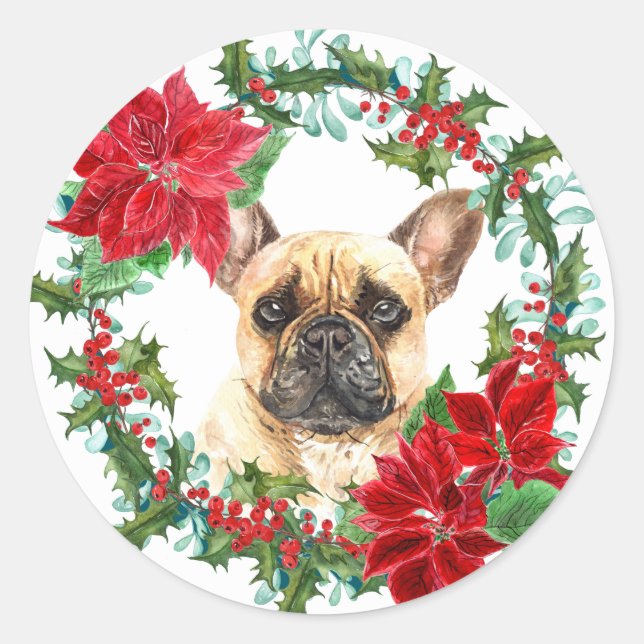French Bulldog Poinsettia Holly Weihnachtsschaden Runder Aufkleber (Vorderseite)