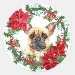 French Bulldog Poinsettia Holly Weihnachtsschaden Runder Aufkleber