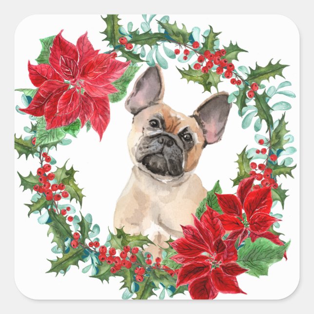 French Bulldog Poinsettia Weihnachtsschaden Quadratischer Aufkleber (Vorderseite)