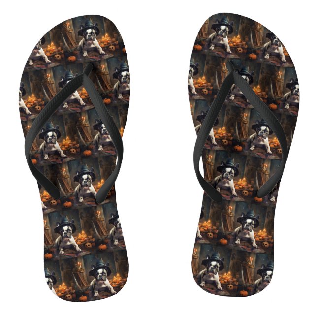 French Bulldog Pumpkins Halloween Beängstigend Flip Flops (Fußbett)