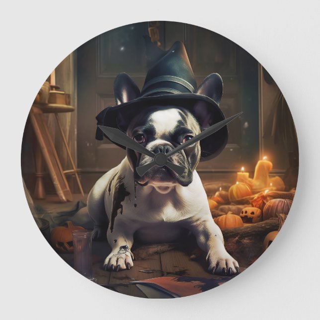 French Bulldog Pumpkins Halloween Beängstigend Große Wanduhr (Vorderseite)