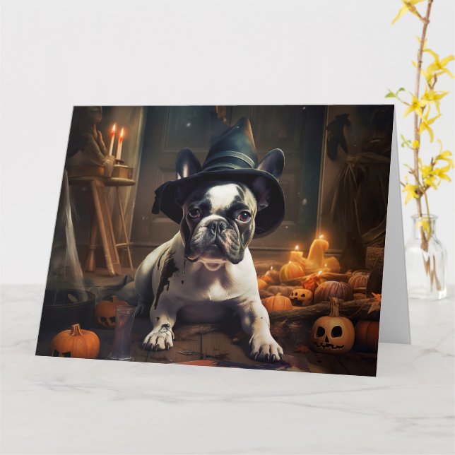 French Bulldog Pumpkins Halloween Beängstigend Karte (Gelbe Blume)