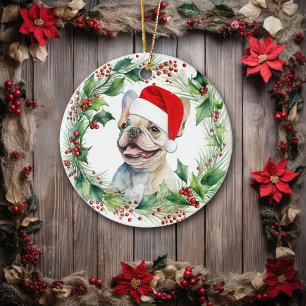 French Bulldog Puppy Holly Wreath Weihnachten Keramik Ornament