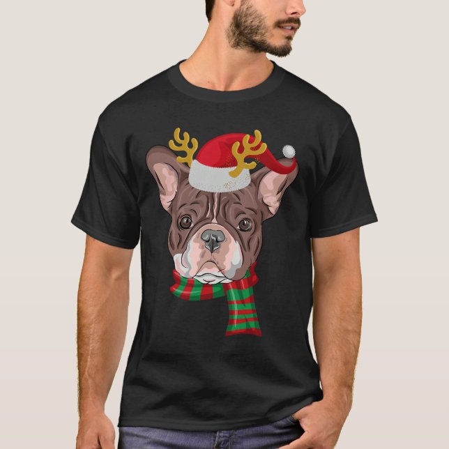 French Bulldog Reindeer Santa T-Shirt (Vorderseite)