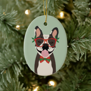 French Bulldog Rentier Christmas Lights Keramik Ornament