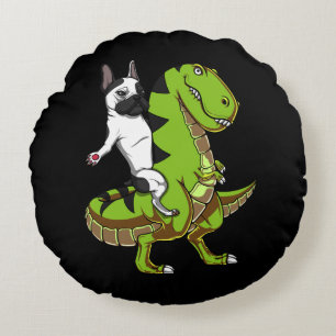 French Bulldog Riding T-Rex Dinosaur Funny Dog Rundes Kissen