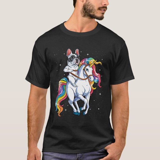 French Bulldog Riding Unicorn Girls Rainbow  Galax T-Shirt (Vorderseite)