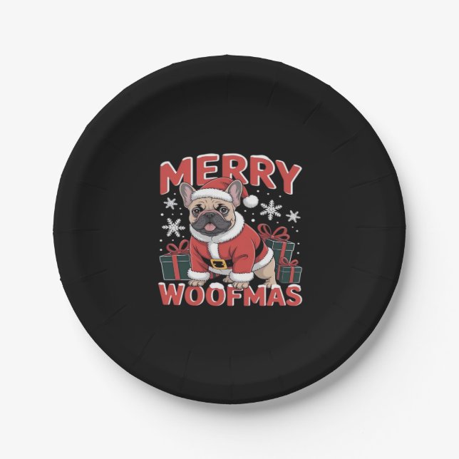 French Bulldog Santa Claus Hat Frohe Weihnachtsfra Pappteller (Vorderseite)
