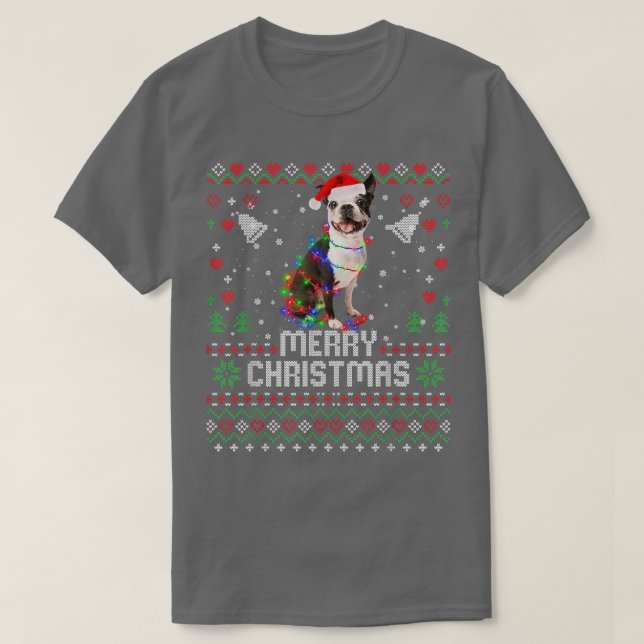 French Bulldog Santa Hat Dog Christmas Tree Lights T-Shirt (Design vorne)