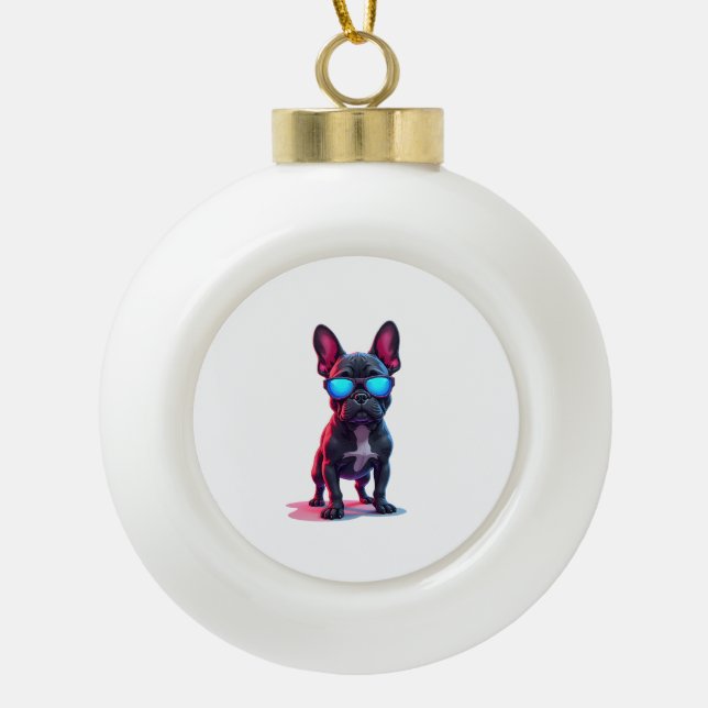 French Bulldog SciFi mit Cooler Sonnenbrille Keramik Kugel-Ornament (Vorderseite)