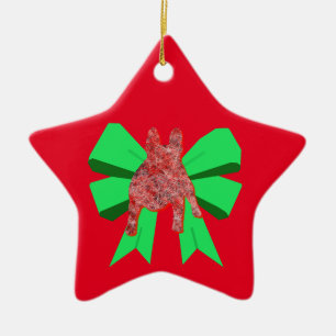 French Bulldog Silhouette Red & Green Bow Weihnach Keramik Ornament