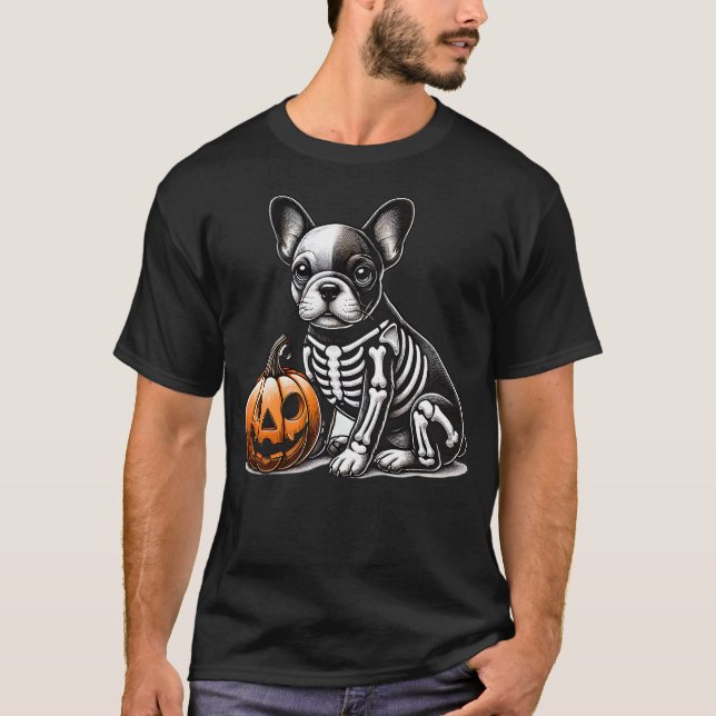 French Bulldog Skeleton Pumpkin Funny Wiener Dog H T-Shirt (Vorderseite)