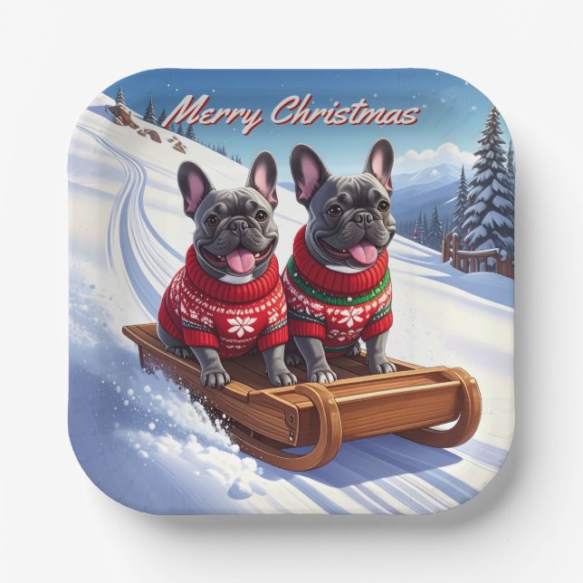 French Bulldog Sled Ride Weihnachten Pappteller (Vorderseite)