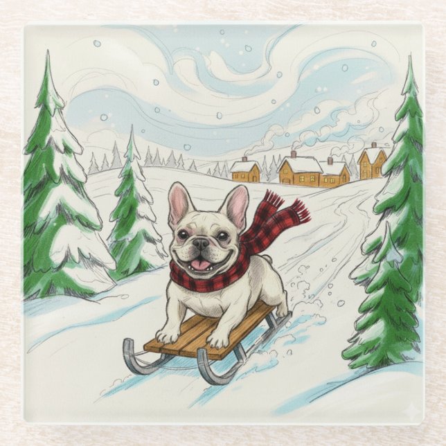 French Bulldog Sledding, Glass Coaster Glasuntersetzer (Vorderseite)