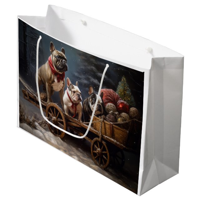 French Bulldog Snowy Sleigh Weihnachtsdekor Große Geschenktüte (Vorderseite Schrägansicht)