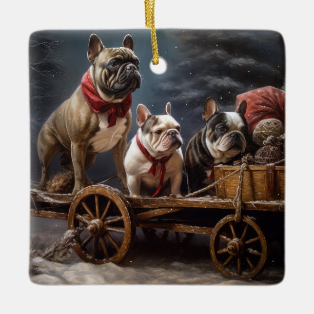 French Bulldog Snowy Sleigh Weihnachtsdekor Keramikornament (Vorderseite)