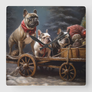 French Bulldog Snowy Sleigh Weihnachtsdekor Quadratische Wanduhr