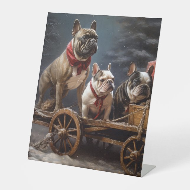 French Bulldog Snowy Sleigh Weihnachtsdekor Sockelschild (Vorderseite)