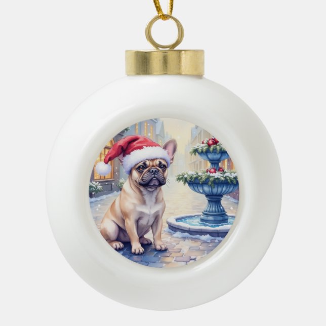 French Bulldog Snowy Town Fountain Santa Christmas Keramik Kugel-Ornament (Vorderseite)