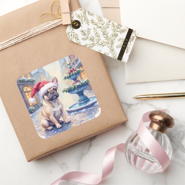 French Bulldog Snowy Town Fountain Santa Christmas Quadratischer Aufkleber (Schenken)