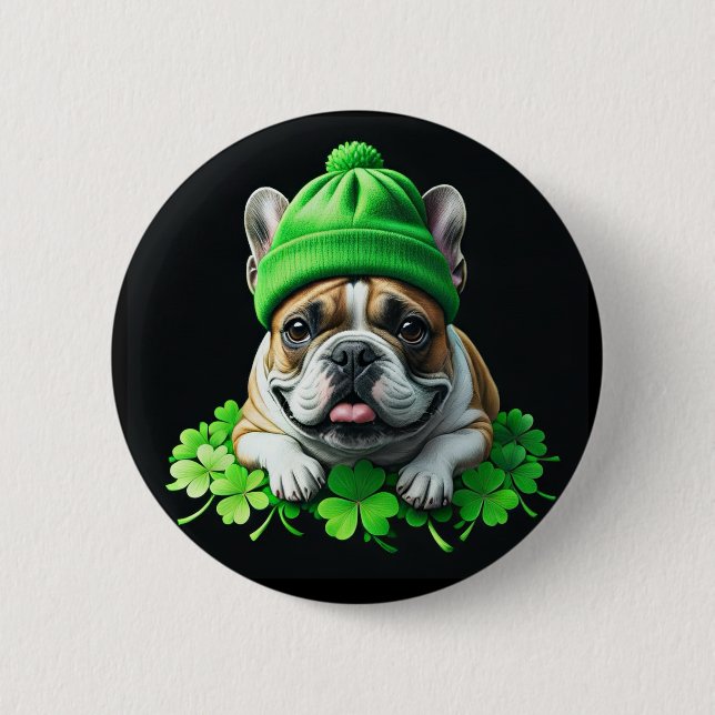 French Bulldog St. Patrick's Day Kleeblatt Glück Button (Vorderseite)
