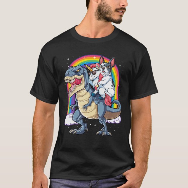 French Bulldog Unicorn Riding Dinosaur T Rex Gesch T-Shirt (Vorderseite)