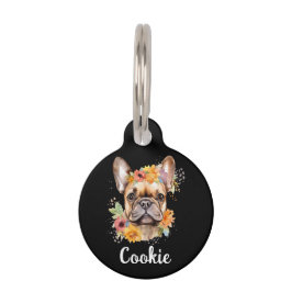 French Bulldog Watercolor Blume Round Pet Tag Haustiermarke