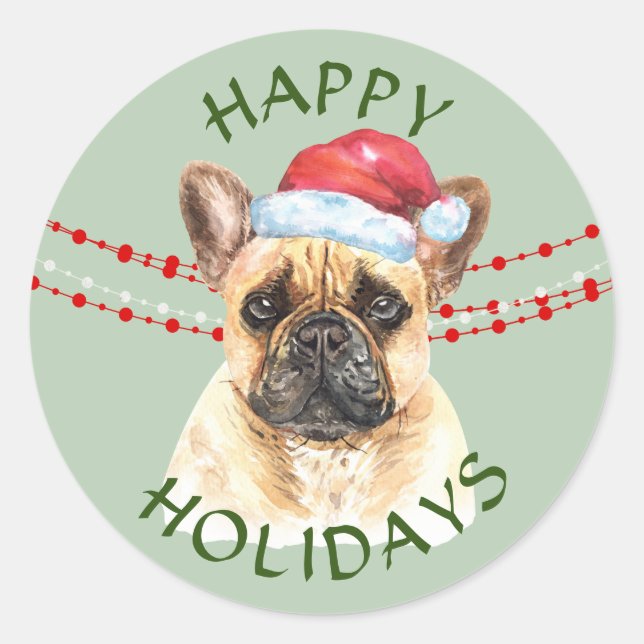 French Bulldog Weihnachtsmannmütze Happy Holidays Runder Aufkleber (Vorderseite)